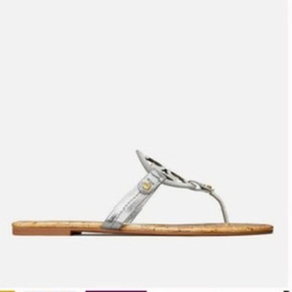New Tory Burch Metallic Silver Patent leather Cork Miller Sandals Size 8.5 - Picture 5 of 14